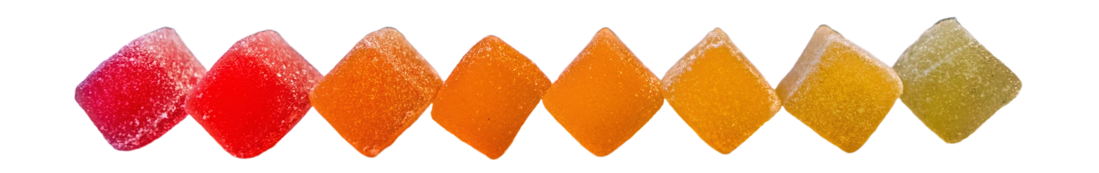 Eight BAMM gummies balanced in a line, showing the color spectrum from pink and red through orange, yellow, and pale green.